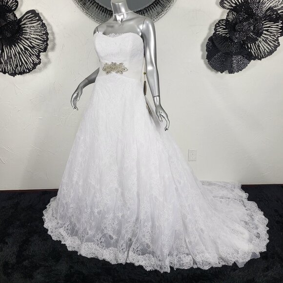 NWT~$2750~DEMETRIOS~10/12~WHITE STRAPLESS RHINESTONE BEADED LACE WEDDING DRESS - Picture 6 of 16